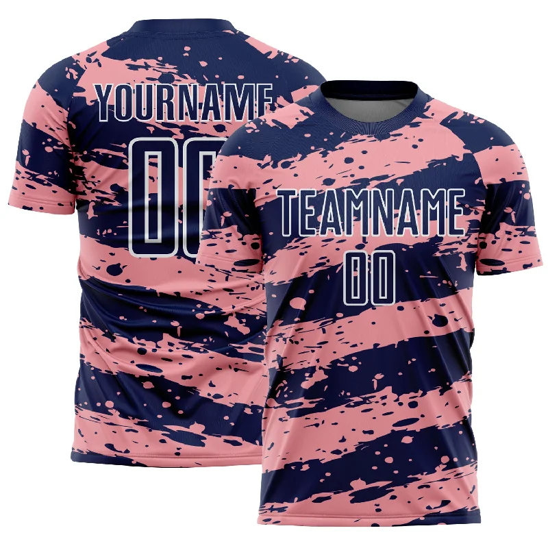 Durable Football Jersey for Outdoor Play-Custom Navy Medium Pink-White Splash Sublimation Soccer Uniform Jersey