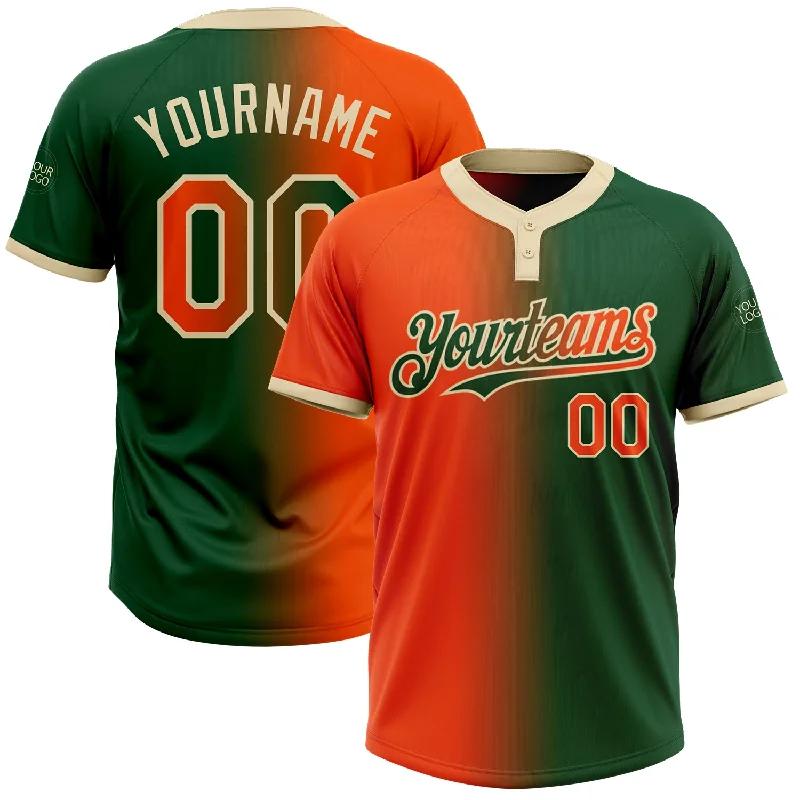 Performance Softball Jersey with Stretch Fabric-Custom Green Orange-Cream Gradient Fashion Two-Button Unisex Softball Jersey