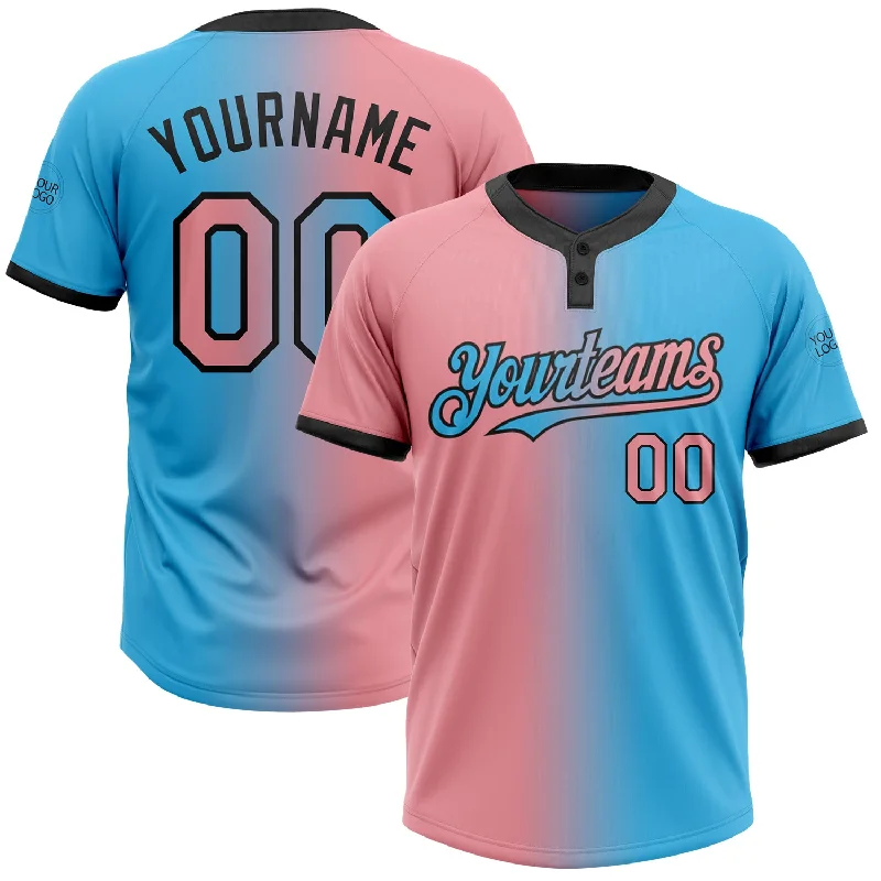 Softball Jersey with Performance Enhancing Features-Custom Sky Blue Medium Pink-Black Gradient Fashion Two-Button Unisex Softball Jersey