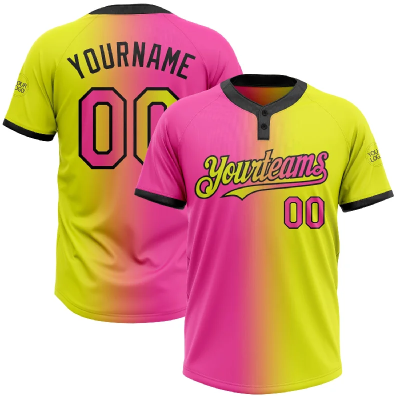 Durable Softball Jersey for Outdoor Play-Custom Neon Yellow Pink-Black Gradient Fashion Two-Button Unisex Softball Jersey