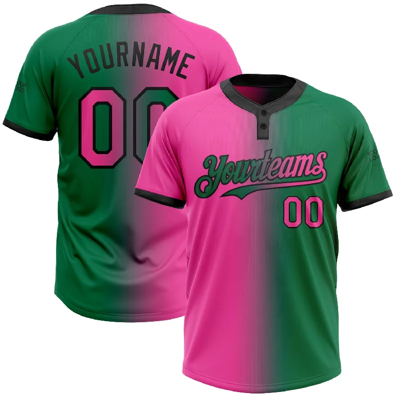 Customizable Softball Jersey for Coaches and Players-Custom Kelly Green Pink-Black Gradient Fashion Two-Button Unisex Softball Jersey