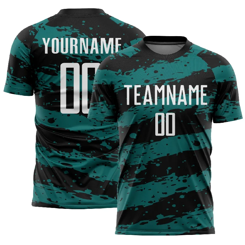 Football Jersey with Stitched Name and Number-Custom Black White-Teal Splash Sublimation Soccer Uniform Jersey