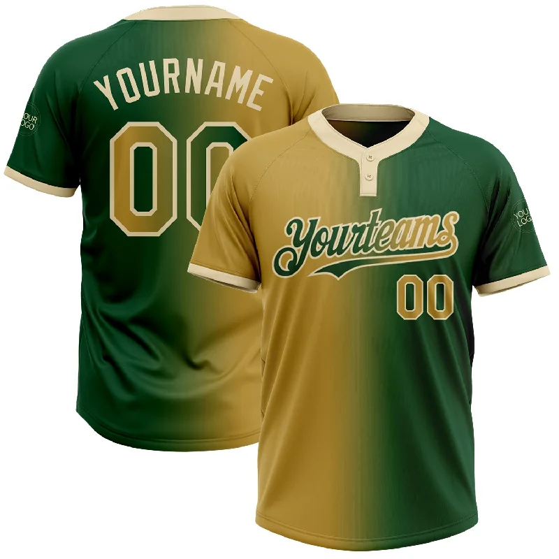 Softball Jersey with Mesh Fabric for Cooling Effect-Custom Green Old Gold-Cream Gradient Fashion Two-Button Unisex Softball Jersey