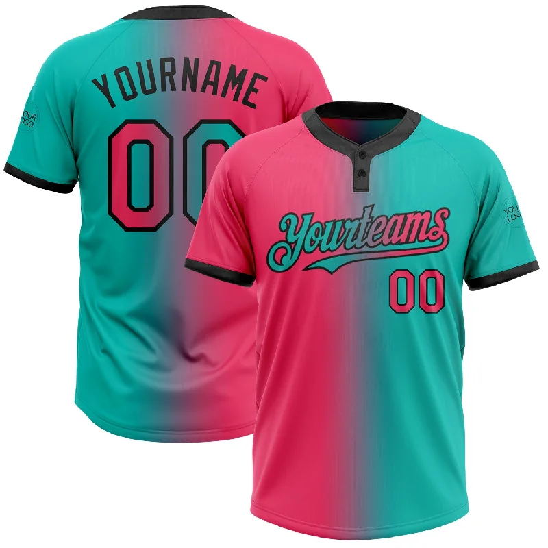 Personalized Softball Jersey for Sports Teams-Custom Aqua Neon Pink-Black Gradient Fashion Two-Button Unisex Softball Jersey