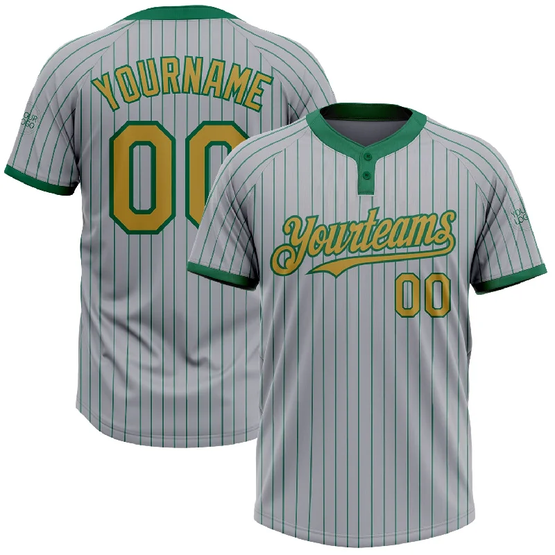 Custom Sublimated Softball Jersey for Professional Teams-Custom Gray Kelly Green Pinstripe Old Gold Two-Button Unisex Softball Jersey