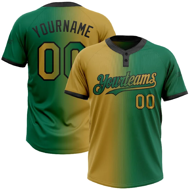 Soft Cotton Softball Jersey for Maximum Comfort-Custom Kelly Green Old Gold-Black Gradient Fashion Two-Button Unisex Softball Jersey