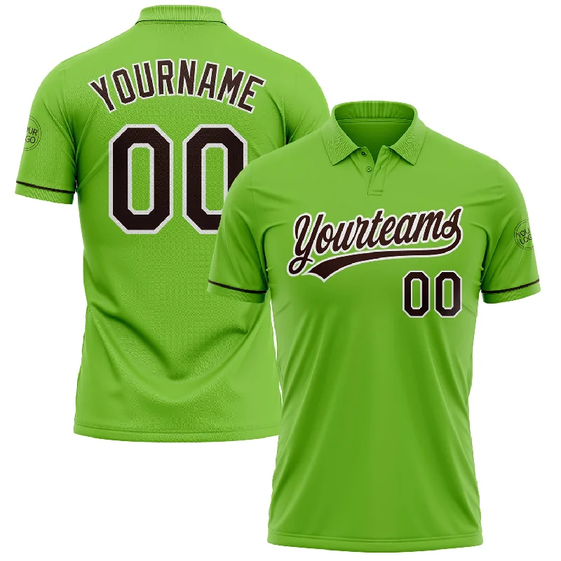 Custom Golf Polo Shirt with Team Colors-Custom Neon Green Brown-White Performance Vapor Golf Polo Shirt