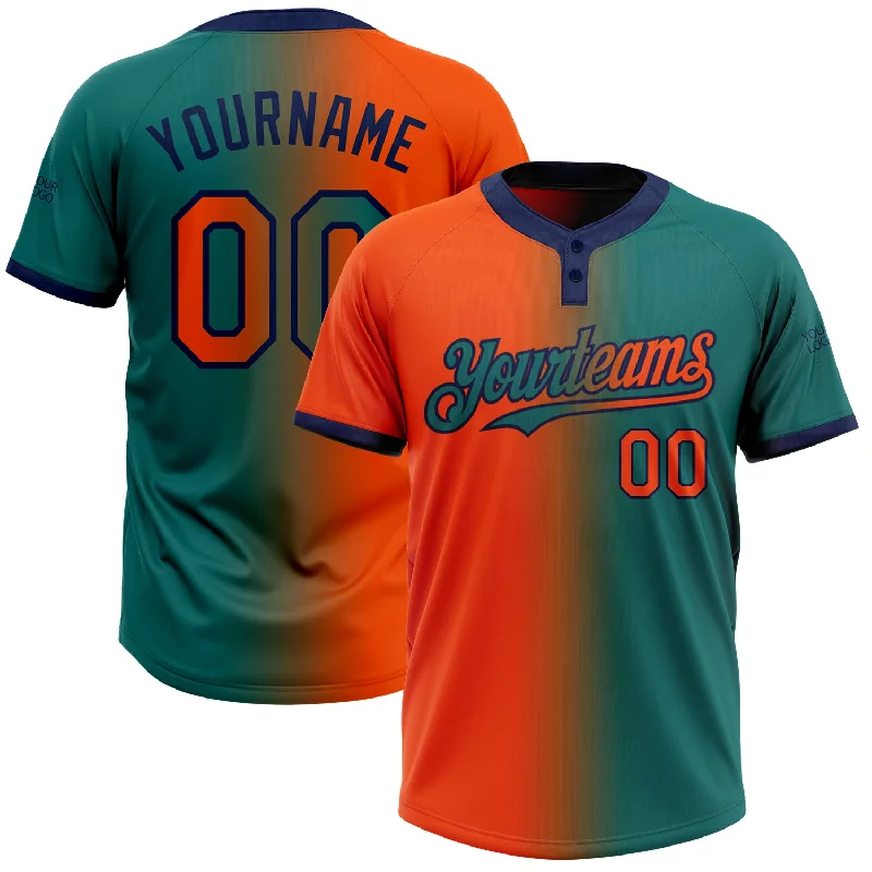 Customizable Softball Jersey for Coaches and Players-Custom Teal Orange-Navy Gradient Fashion Two-Button Unisex Softball Jersey