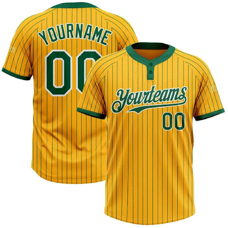 Breathable Mesh Softball Jersey for Better Airflow-Custom Gold Kelly Green Pinstripe White Two-Button Unisex Softball Jersey