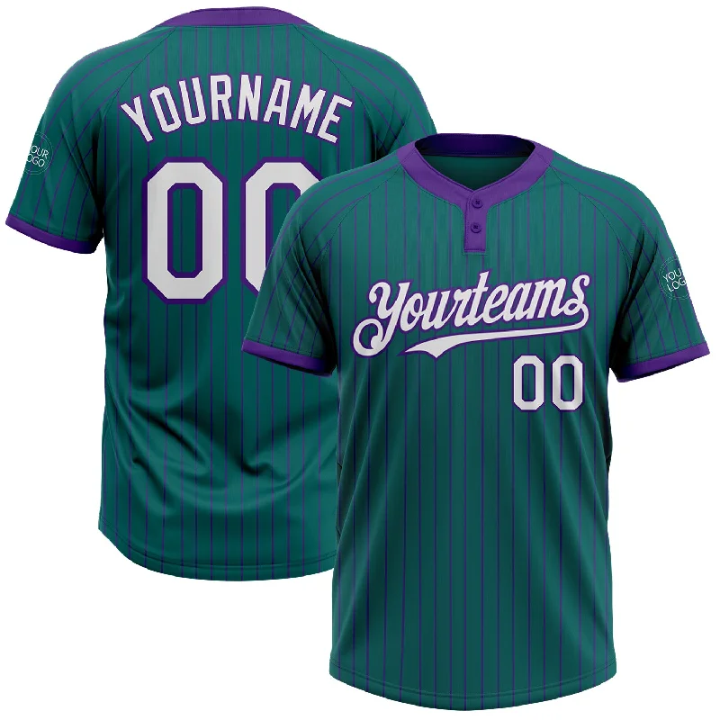 Lightweight Softball Jersey for Hot Summer Days-Custom Teal Purple Pinstripe White Two-Button Unisex Softball Jersey