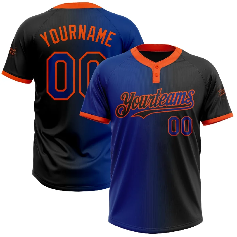 Softball Jersey with Stitched Name and Number-Custom Black Royal-Orange Gradient Fashion Two-Button Unisex Softball Jersey