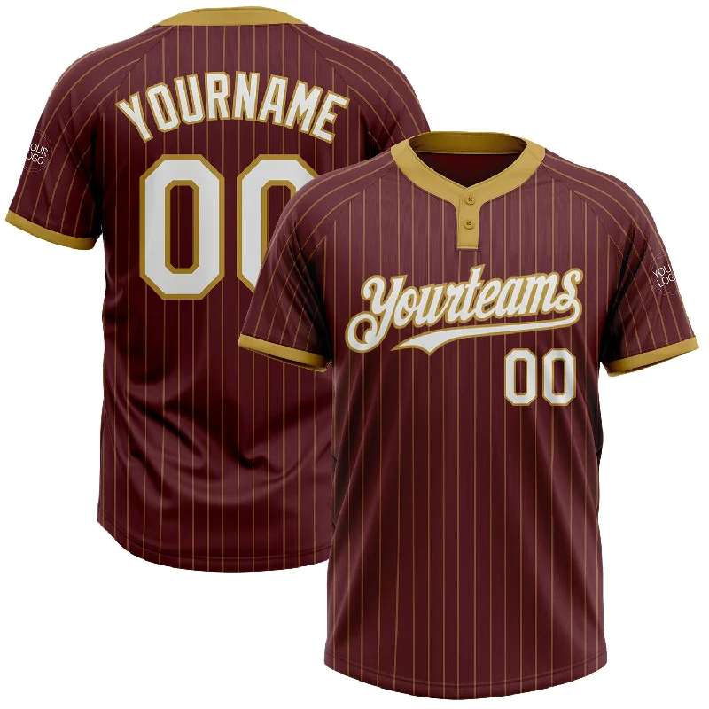 Softball Jersey with Stitched Name and Number-Custom Burgundy Old Gold Pinstripe White Two-Button Unisex Softball Jersey