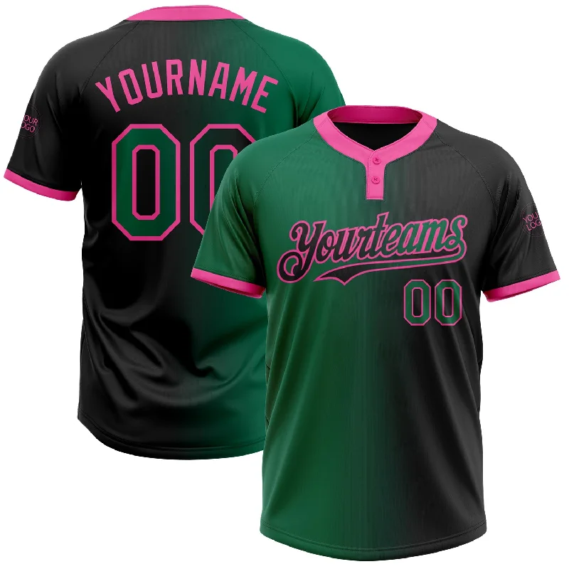 Custom Softball Jersey for College Teams-Custom Black Kelly Green-Pink Gradient Fashion Two-Button Unisex Softball Jersey