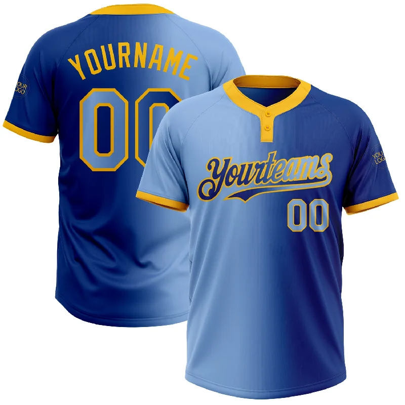 Breathable Softball Jersey for Quick Movements-Custom Royal Light Blue-Gold Gradient Fashion Two-Button Unisex Softball Jersey