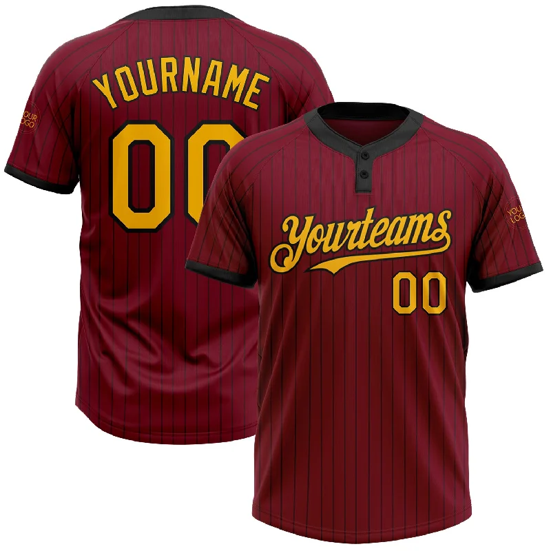 Softball Jersey with Number and Name for Customization-Custom Crimson Black Pinstripe Gold Two-Button Unisex Softball Jersey