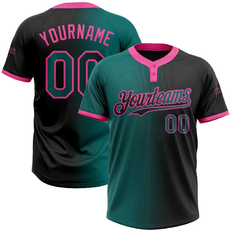 Sports Softball Jersey for Intense Workouts-Custom Black Teal-Pink Gradient Fashion Two-Button Unisex Softball Jersey