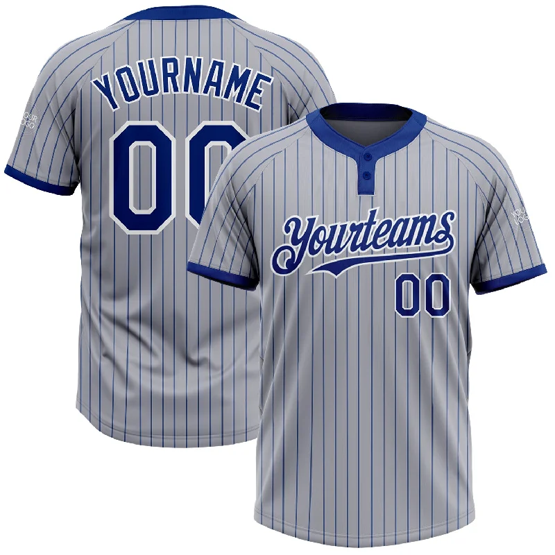 Softball Jersey with Mesh Fabric for Cooling Effect-Custom Gray Royal Pinstripe White Two-Button Unisex Softball Jersey