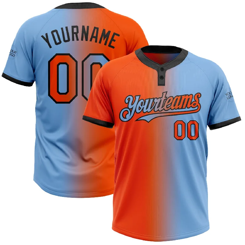 Softball Jersey with Breathable Mesh Inserts for Comfort-Custom Light Blue Orange-Black Gradient Fashion Two-Button Unisex Softball Jersey