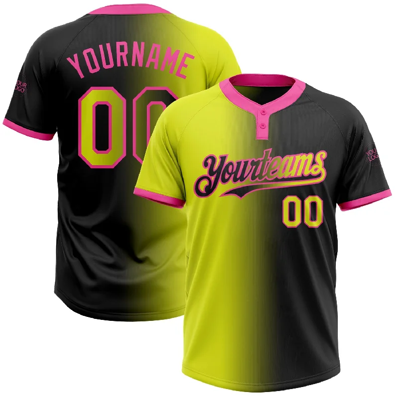 Custom Softball Jersey for School Sports Teams-Custom Black Neon Yellow-Pink Gradient Fashion Two-Button Unisex Softball Jersey