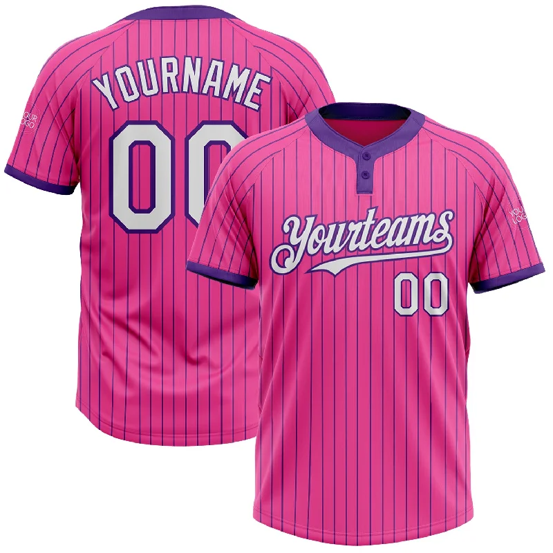 Softball Jersey with Pockets for Convenience-Custom Pink Purple Pinstripe White Two-Button Unisex Softball Jersey