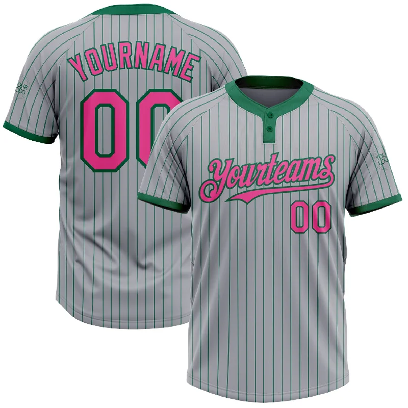 Stylish Softball Jersey for Off-Court Fashion-Custom Gray Kelly Green Pinstripe Pink Two-Button Unisex Softball Jersey