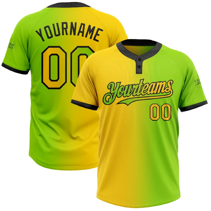 Softball Jersey for Indoor and Outdoor Play-Custom Neon Green Yellow-Black Gradient Fashion Two-Button Unisex Softball Jersey