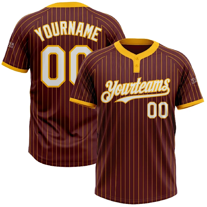 Comfortable Softball Jersey for All Seasons-Custom Burgundy Gold Pinstripe White Two-Button Unisex Softball Jersey