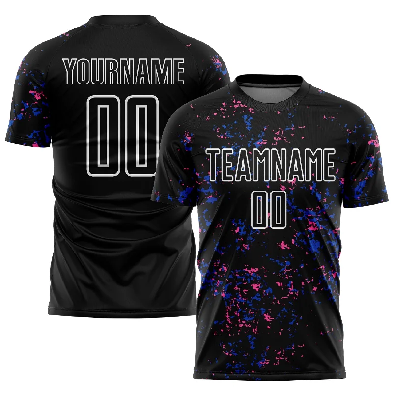 Youth Football Jersey with Fun Designs for Kids-Custom Black Thunder Blue-Pink Abstract Fragment Art Sublimation Soccer Uniform Jersey