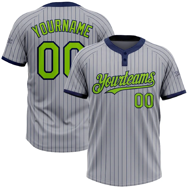 Youth Softball Jersey with Bold Patterns-Custom Gray Navy Pinstripe Neon Green Two-Button Unisex Softball Jersey