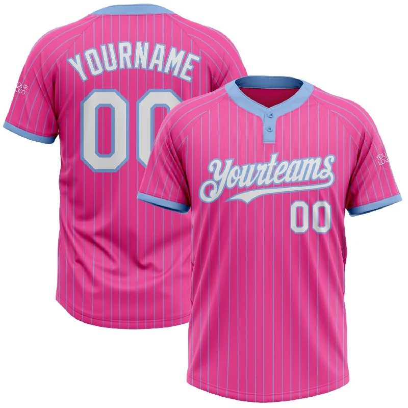 Softball Jersey with Flexible Stretch Fabric for Better Fit-Custom Pink Light Blue Pinstripe White Two-Button Unisex Softball Jersey