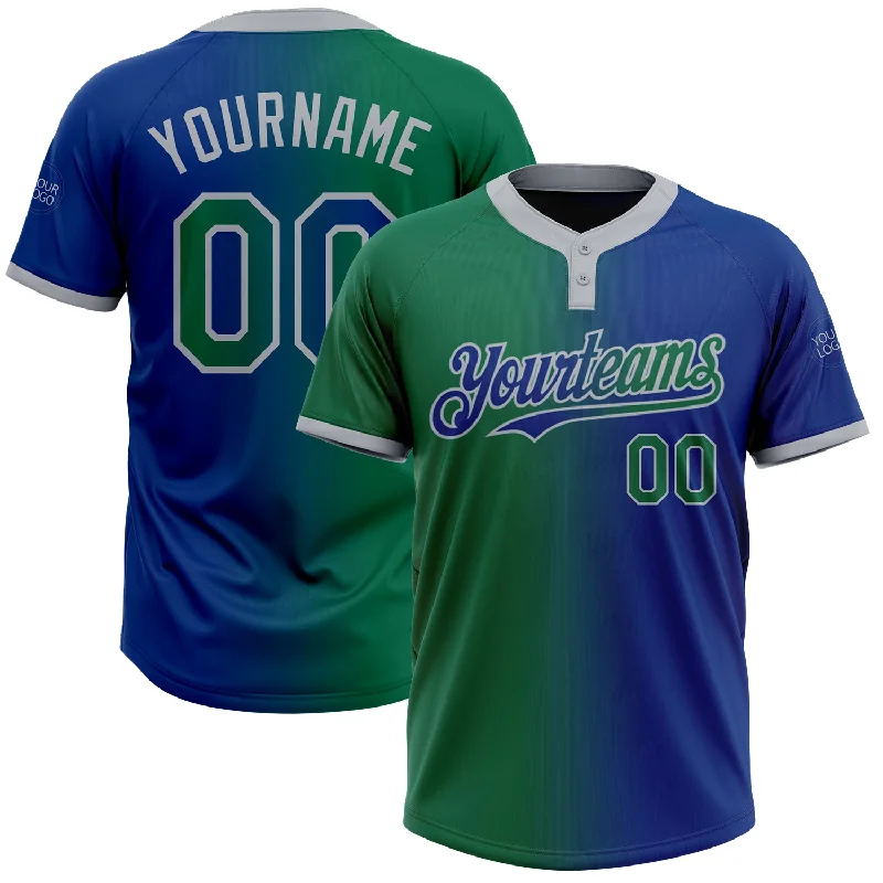 Athletic Softball Jersey for High-Intensity Games-Custom Royal Kelly Green-Gray Gradient Fashion Two-Button Unisex Softball Jersey