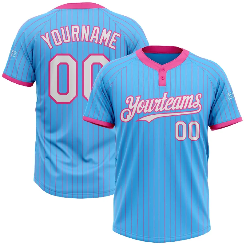 Custom Softball Jersey with Embroidered Logo-Custom Sky Blue Pink Pinstripe White Two-Button Unisex Softball Jersey