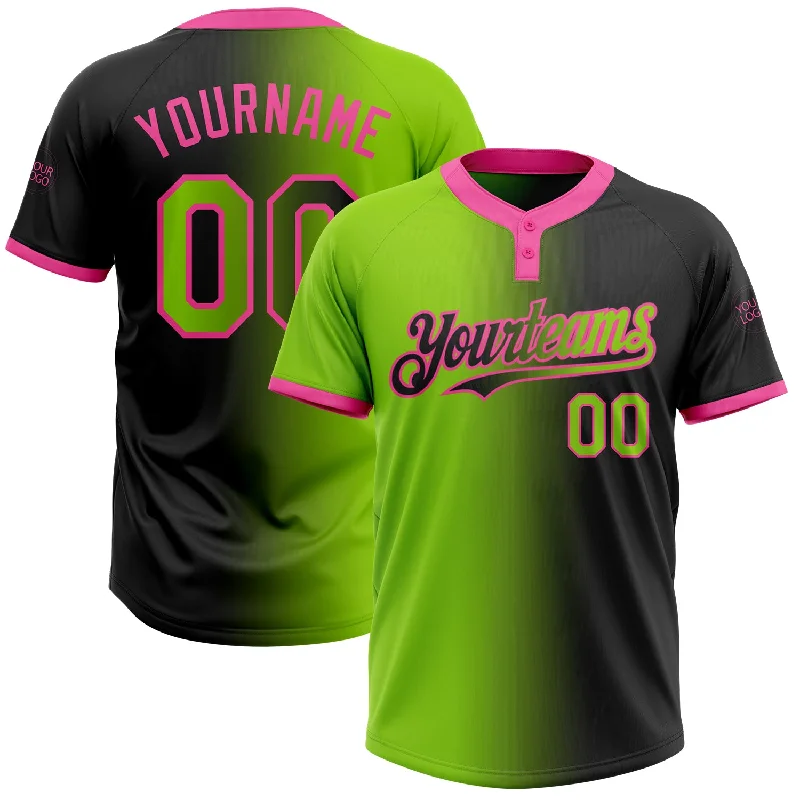 Youth Softball Jersey for Kids and Teens-Custom Black Neon Green-Pink Gradient Fashion Two-Button Unisex Softball Jersey