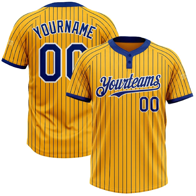 Durable Softball Jersey for Competitive Play-Custom Gold Royal Pinstripe White Two-Button Unisex Softball Jersey