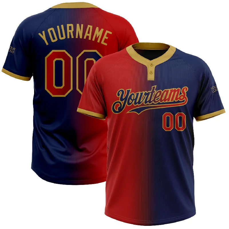 Stylish Softball Jersey for Game Day Outfits-Custom Navy Red-Old Gold Gradient Fashion Two-Button Unisex Softball Jersey