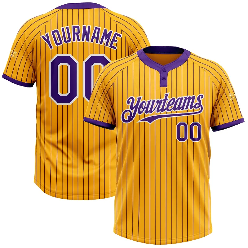 Comfortable Softball Jersey for Everyday Wear-Custom Gold Purple Pinstripe White Two-Button Unisex Softball Jersey