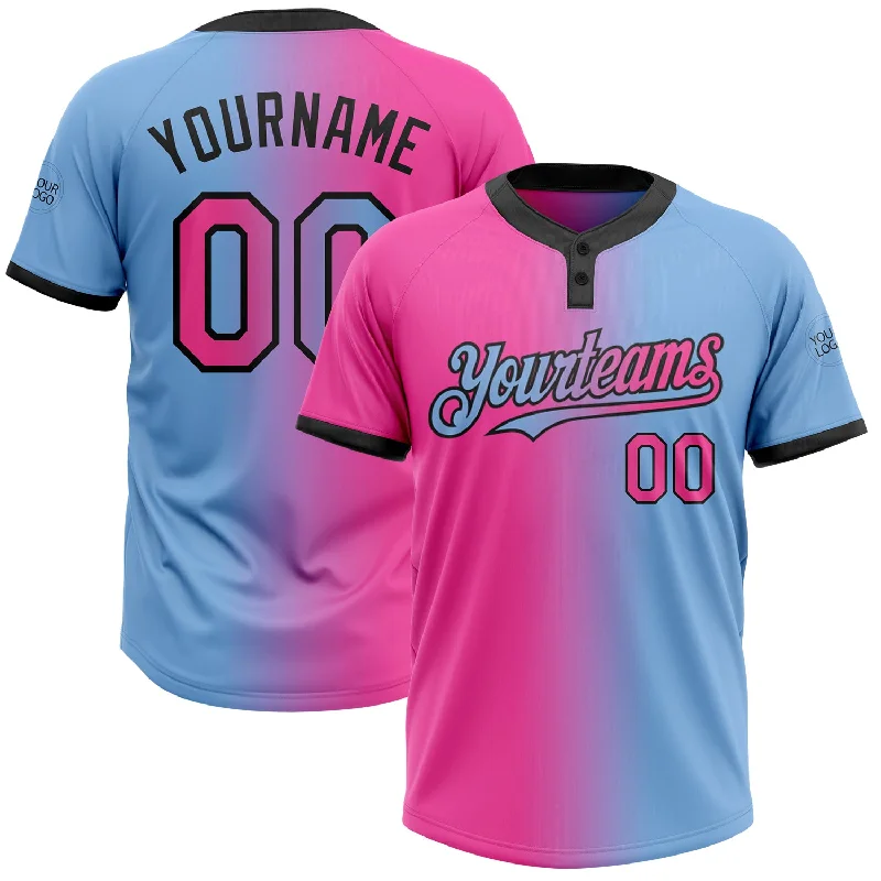 Comfortable Softball Jersey for Practice Sessions-Custom Light Blue Pink-Black Gradient Fashion Two-Button Unisex Softball Jersey