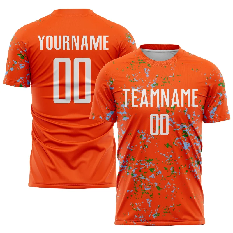 Football Jersey with Stitched Name and Number-Custom Orange Light Blue-Grass Green Abstract Fragment Art Sublimation Soccer Uniform Jersey