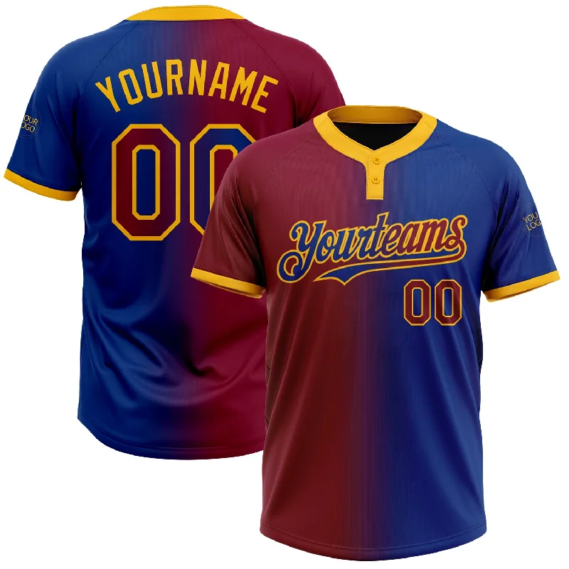 Performance Softball Jersey with Stretch Fabric-Custom Royal Maroon-Gold Gradient Fashion Two-Button Unisex Softball Jersey