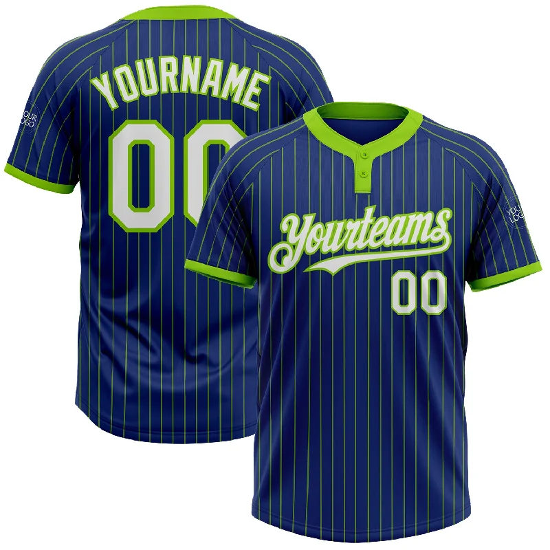 Soft Cotton Softball Jersey for Maximum Comfort-Custom Royal Neon Green Pinstripe White Two-Button Unisex Softball Jersey