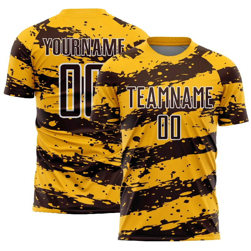 Football Jersey with Stitched Name and Number-Custom Gold Brown-White Splash Sublimation Soccer Uniform Jersey