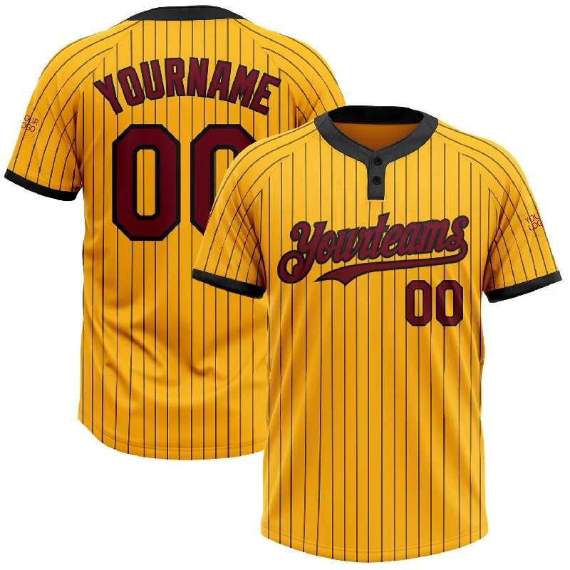 Customizable Softball Jersey for Your Team-Custom Gold Black Pinstripe Crimson Two-Button Unisex Softball Jersey