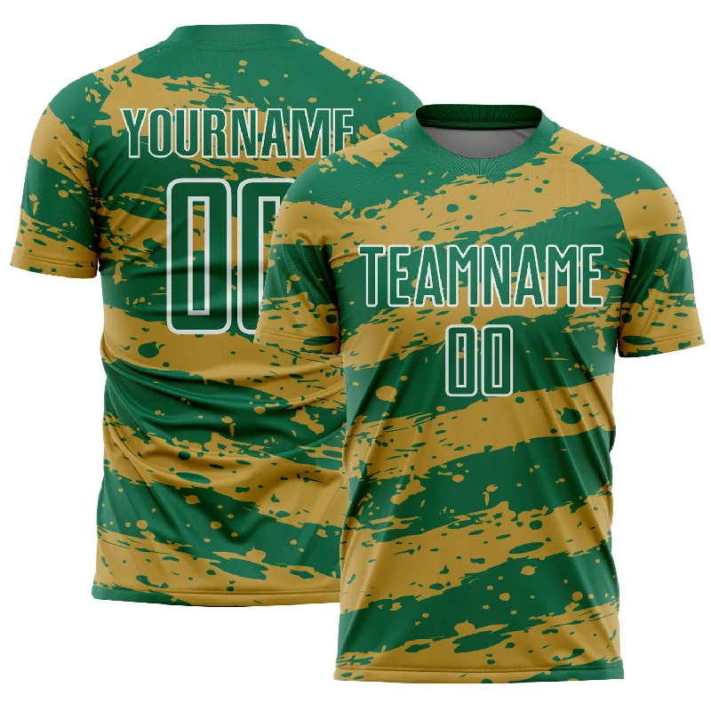 Football Jersey with Bold Graphics for Style-Custom Kelly Green Old Gold-White Splash Sublimation Soccer Uniform Jersey